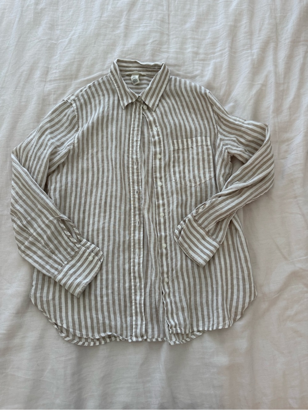 H&M 100% Linen Beige and White Striped Button-Down Shirt